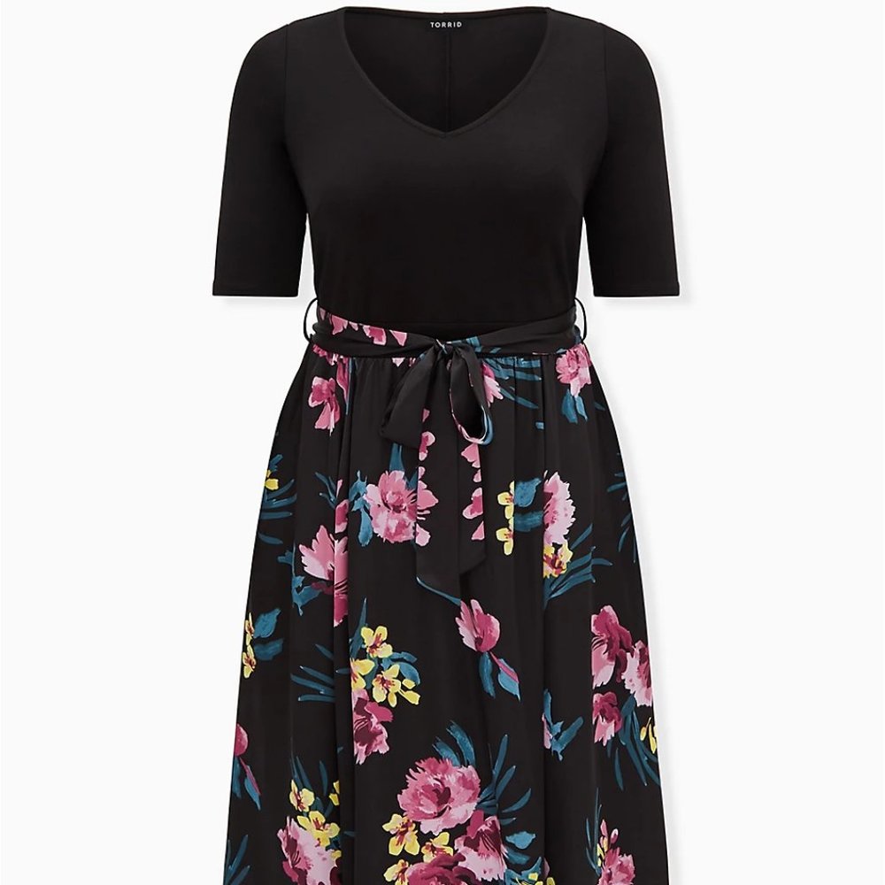 Black Floral Knit to Woven Self Tie Midi Dress